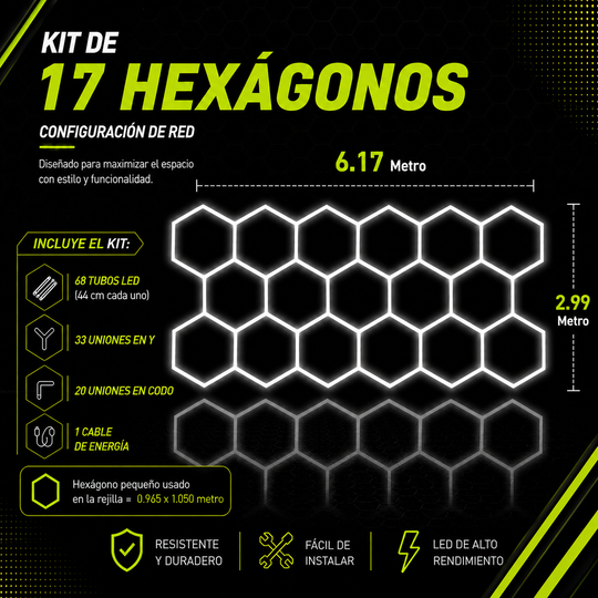Kit de 17 Hexágonos en tubos led de 44Cm Tamaño armado (6.17 metros de largo x 3.00 Metro de ancho)