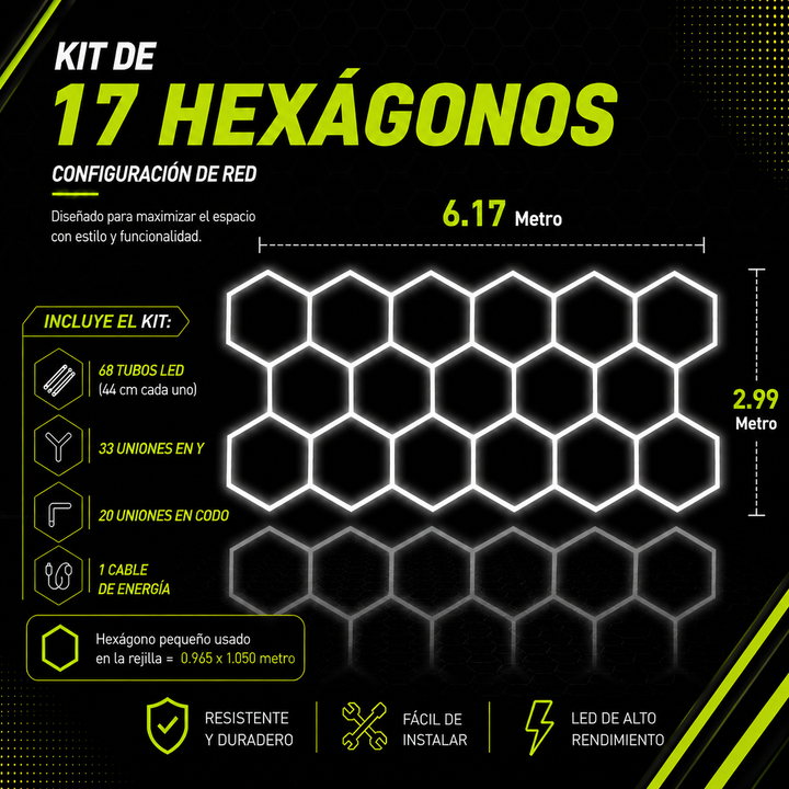 Kit de 17 Hexágonos en tubos led de 44Cm Tamaño armado (6.17 metros de largo x 3.00 Metro de ancho)