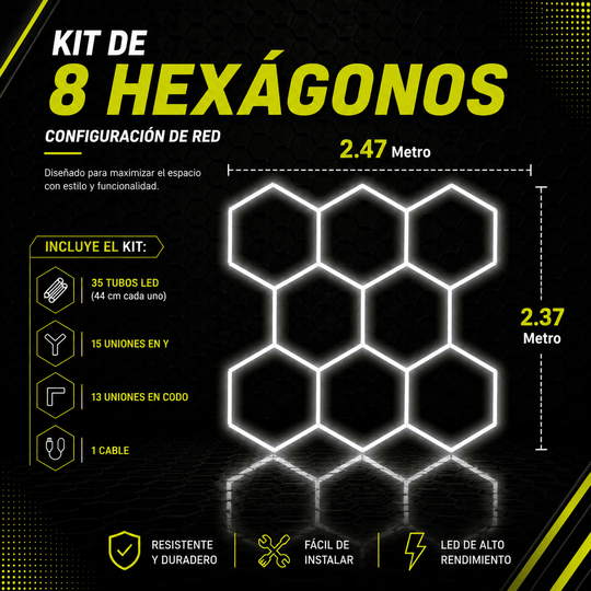 Kit de 8 Hexágonos de 44Cm cada tubo led Tamaño armado (2.40 metros de largo x 2.60 Metro de ancho)