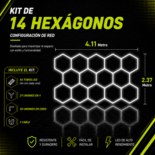 Kit de 14 Hexágonos en tubos led de 44Cm Tamaño armado (4.08 metros de largo x 2.37 Metro de ancho)