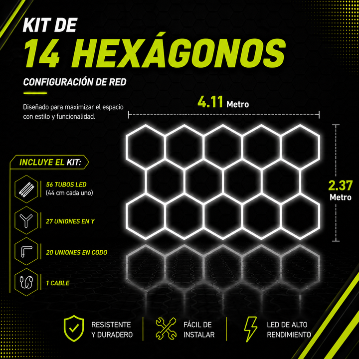 Kit de 14 Hexágonos en tubos led de 44Cm Tamaño armado (4.08 metros de largo x 2.37 Metro de ancho)