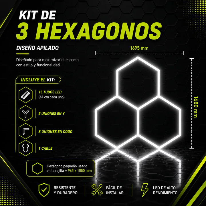 Kit de 3 Hexagonos en tubos led de 44cm forma apilado, tamaño armado (1.69 Metros de ancho x 1.68 Metros de largo)