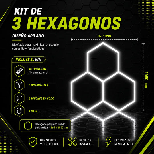 Kit de 3 Hexagonos en tubos led de 44cm forma apilado, tamaño armado (1.69 Metros de ancho x 1.68 Metros de largo)