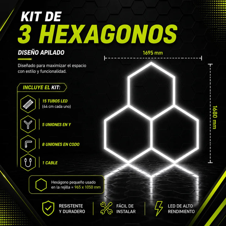 Kit de 3 Hexagonos en tubos led de 44cm forma apilado, tamaño armado (1.69 Metros de ancho x 1.68 Metros de largo)