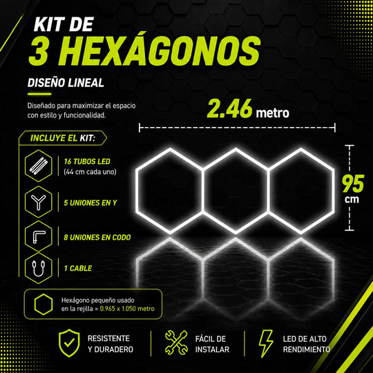 Kit de 3 Hexagonos en tubos led de 44cm tamaño armado (2.46 Metros de largo x 95 Cm de ancho)
