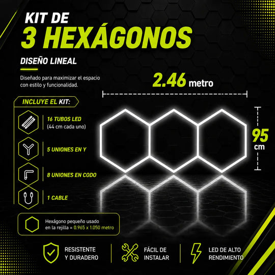 Kit de 3 Hexagonos en tubos led de 44cm tamaño armado (2.46 Metros de largo x 95 Cm de ancho)